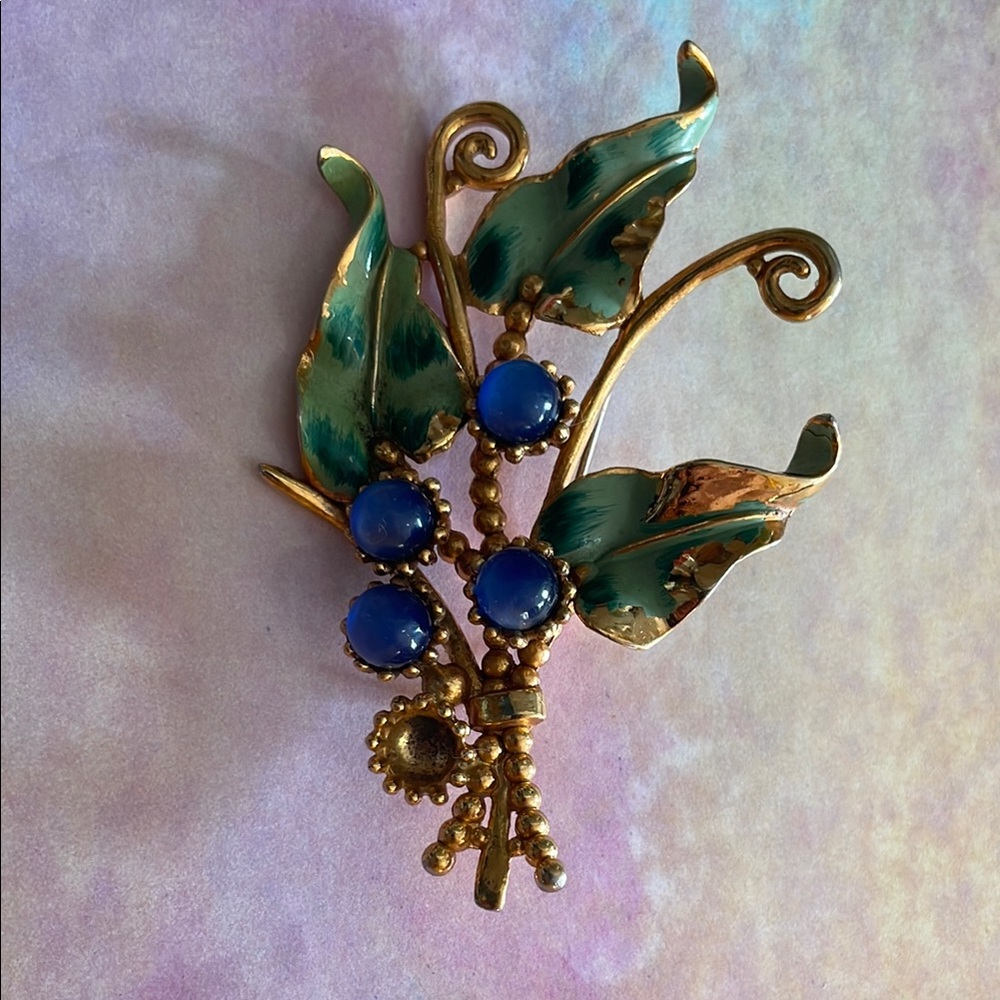 Gold tone and Blue moonstoneFloral Brooch with Enamel Leaves. CORO - SEE PHOTOS